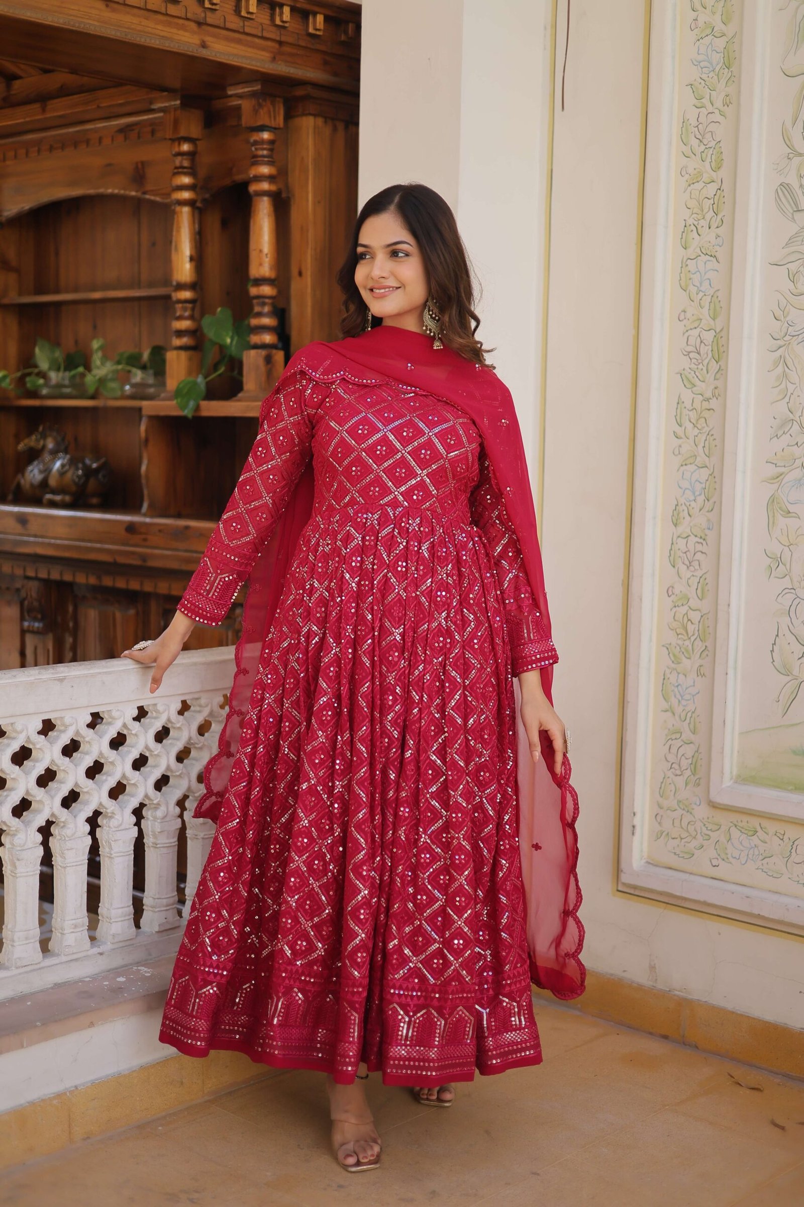 Rani Faux Blooming Designer Gown with Sequined Dupatta ? Elegant Fully Flared Party & Wedding Set - Image 7
