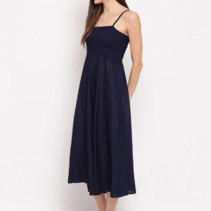 Women's Viscose Rayon Solid Shoulder Straps Sleeveless Flared Gown Drees (Dark Blue)
