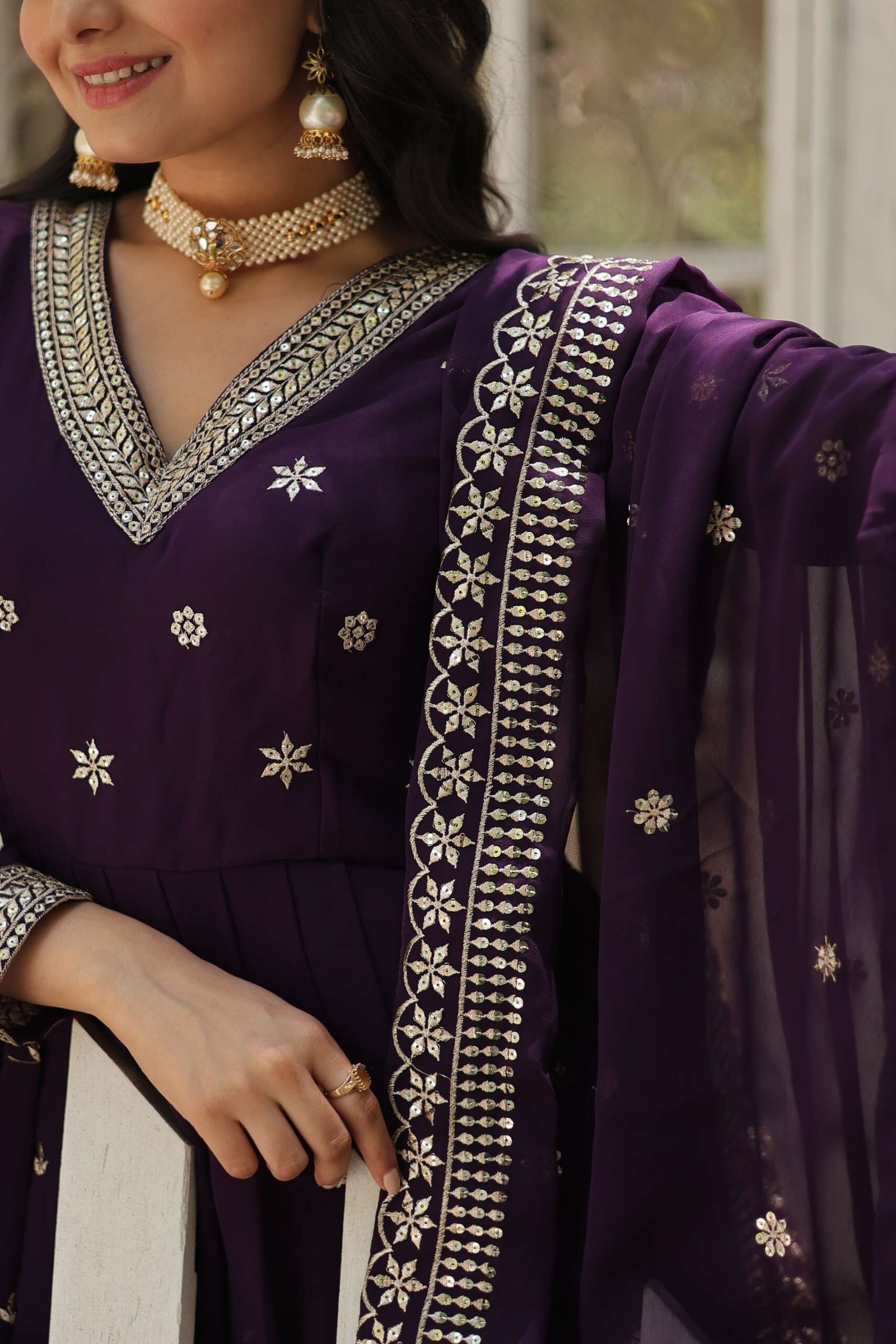 Purple Designer Faux Blooming Anarkali Gown with Sequins Embroidered Dupatta ? Wedding & Festive Wear - Image 2