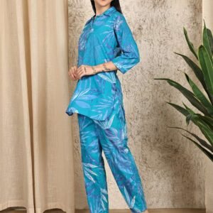 Women's Pure Cotton Printed Collared Top and Pant Co-ord Set (Blue)