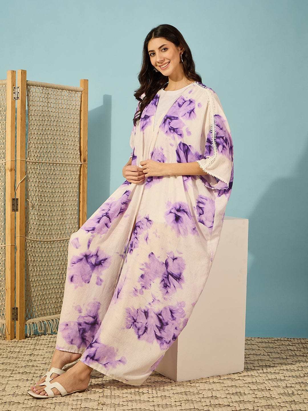 Women's Cotton Tie Dye Print Full Length Kaftan Drees Beach Cover Up, Spring Casual Wear ( Brown ) - Image 4