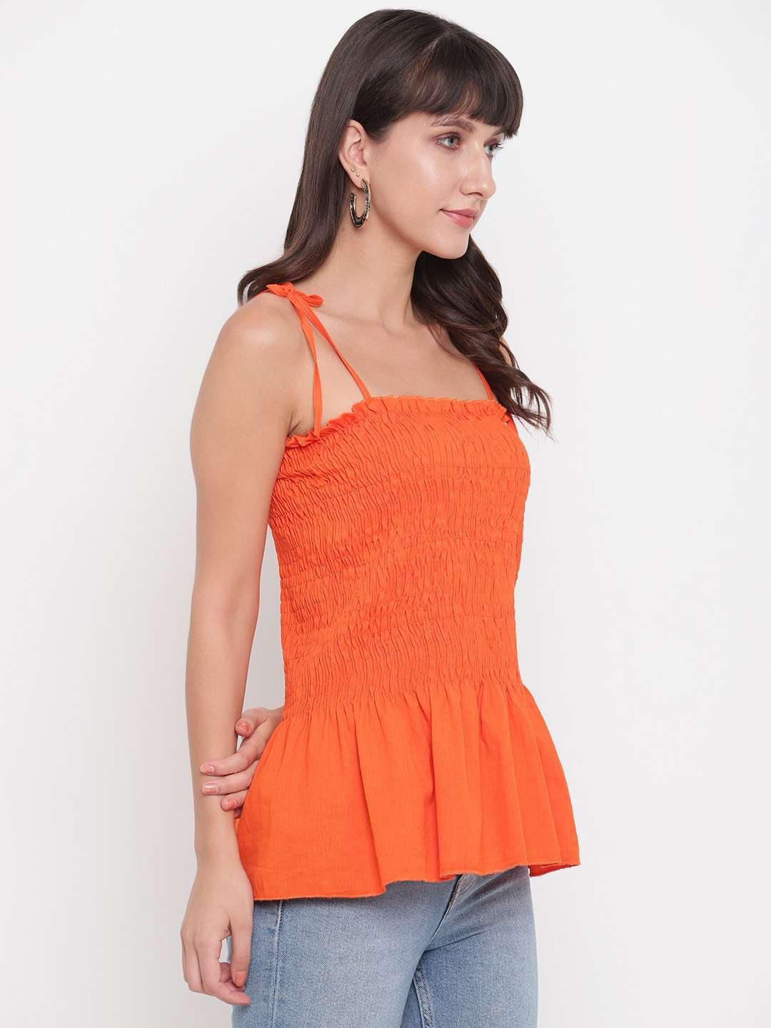 Women's Rayon Solid Casual Summer Style Tie Shoulder Straps Free Size Tank Top (Orange) - Image 2
