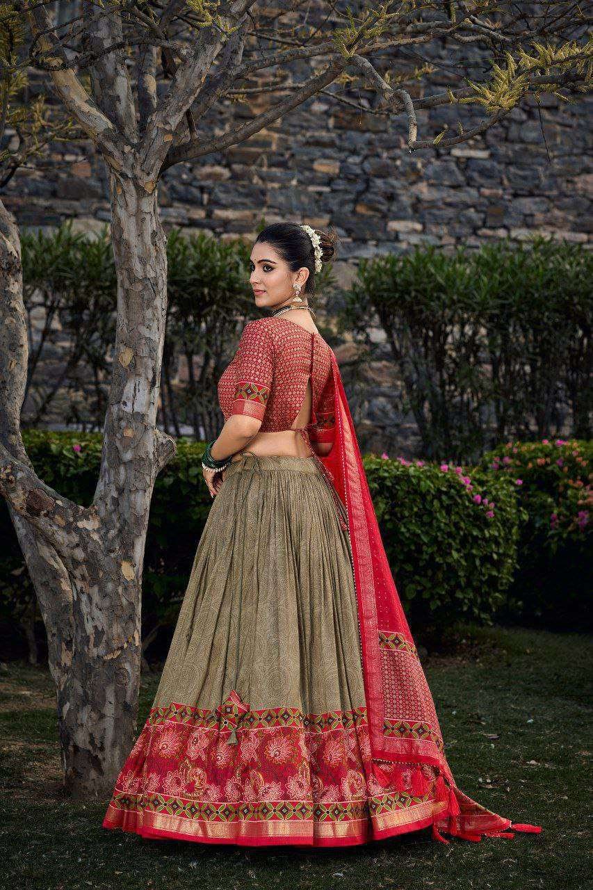 Green Tussar Silk Lehenga Choli with Red Blouse | Floral & Foil Print | Wedding & Festive Wear - Image 2