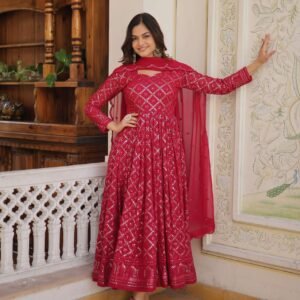 Rani Faux Blooming Designer Gown with Sequined Dupatta ? Elegant Fully Flared Party & Wedding Set