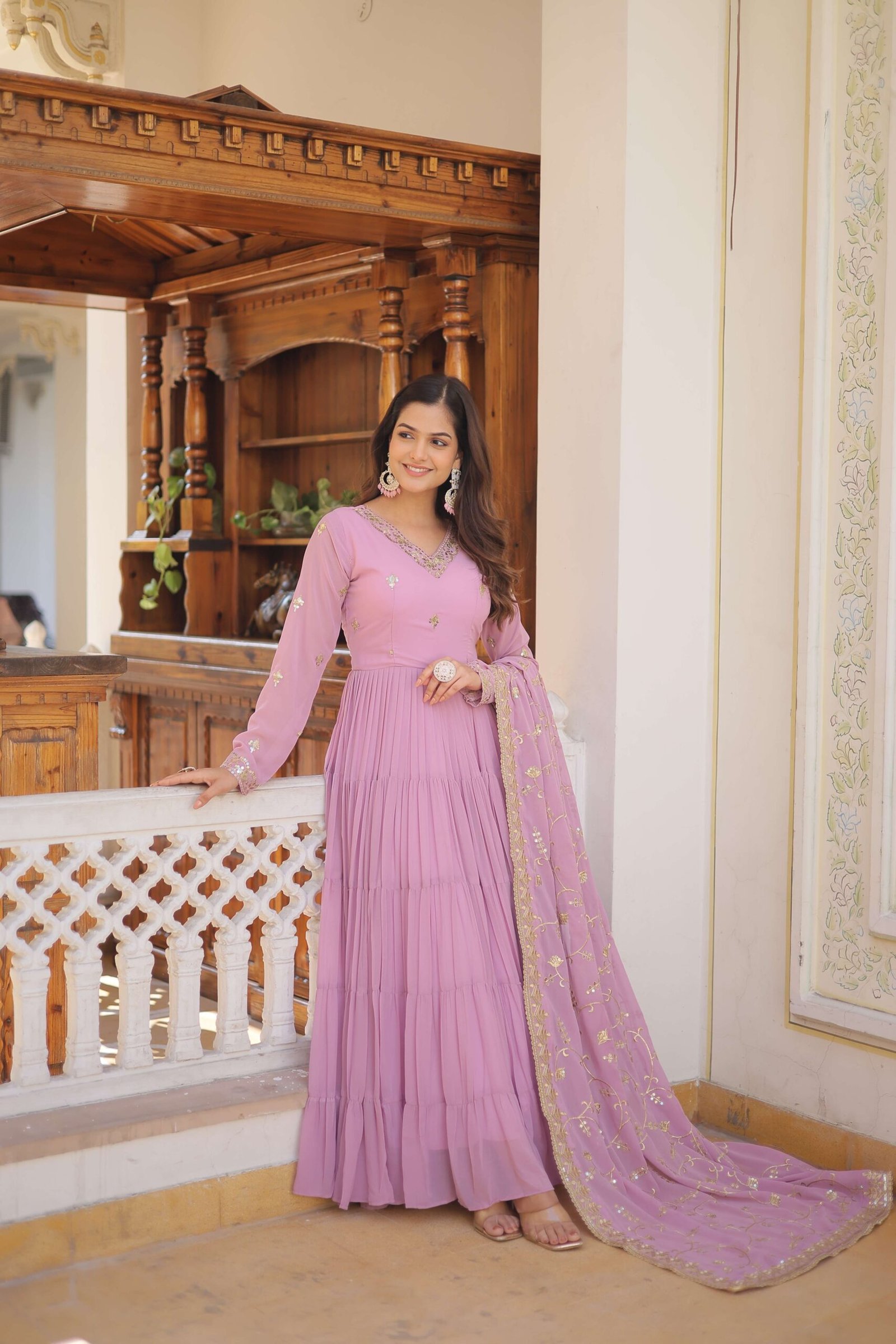 Purple Faux Georgette Designer Gown with Sequined Dupatta ? Fully Flared Elegant Ready-to-Wear Set - Image 7
