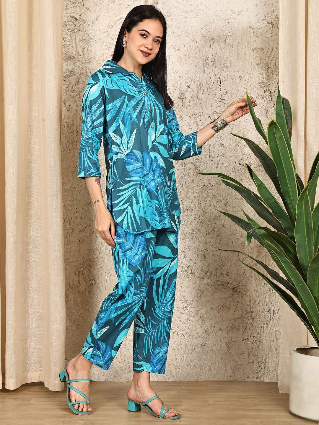 Women's Pure Cotton Printed Collared Top and Pant Co-ord Set (Multti Color2) - Image 3