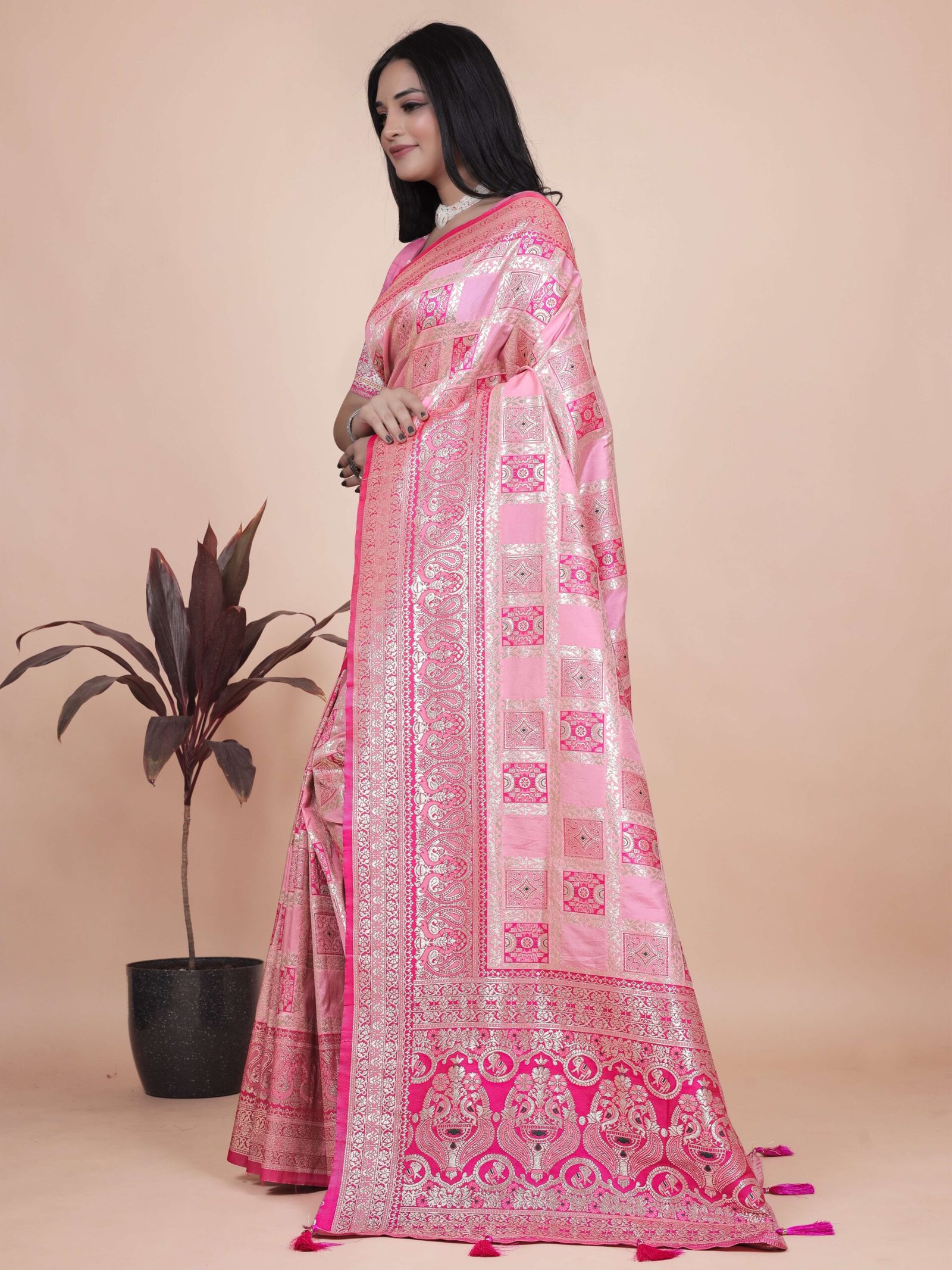Baby Pink Banarasi Silk Saree with Silver Zari Weaving | Wedding & Festive Wear | Elegant Traditional Designer Saree - Image 3
