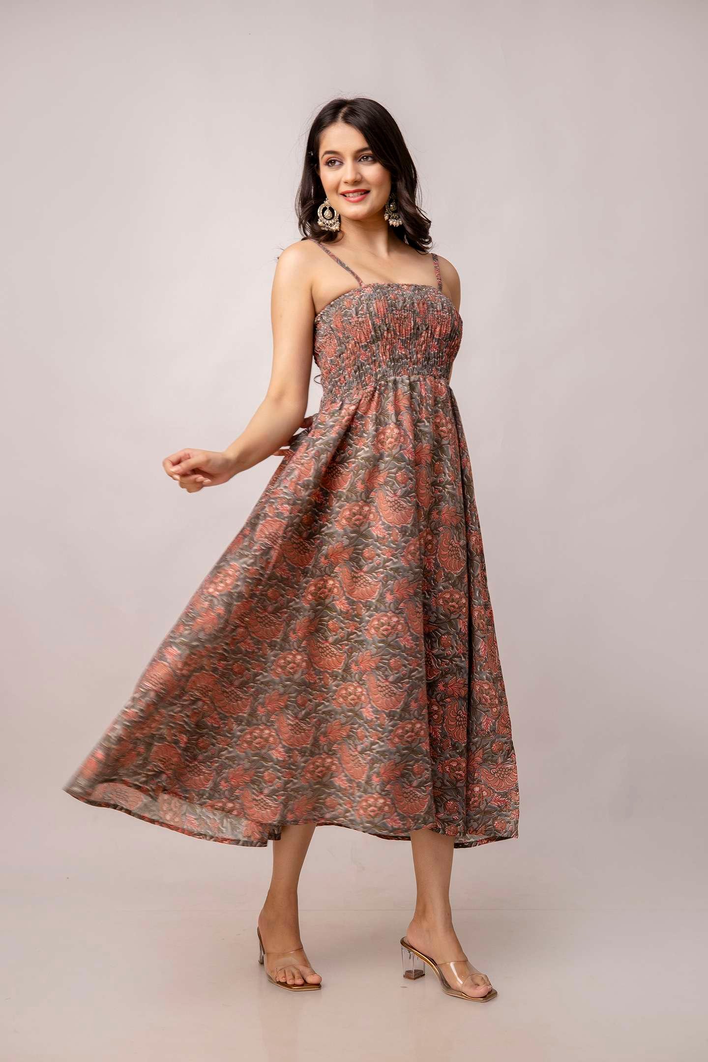 Women's Silk Printed Shoulder Straps Sleeveless Anarkali Gown Drees (Light Maroon-SUI) - Image 3