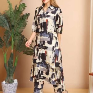 Women's Pure Cotton Printed Collared Top and Pant Co-ord Set (Multti Color6)