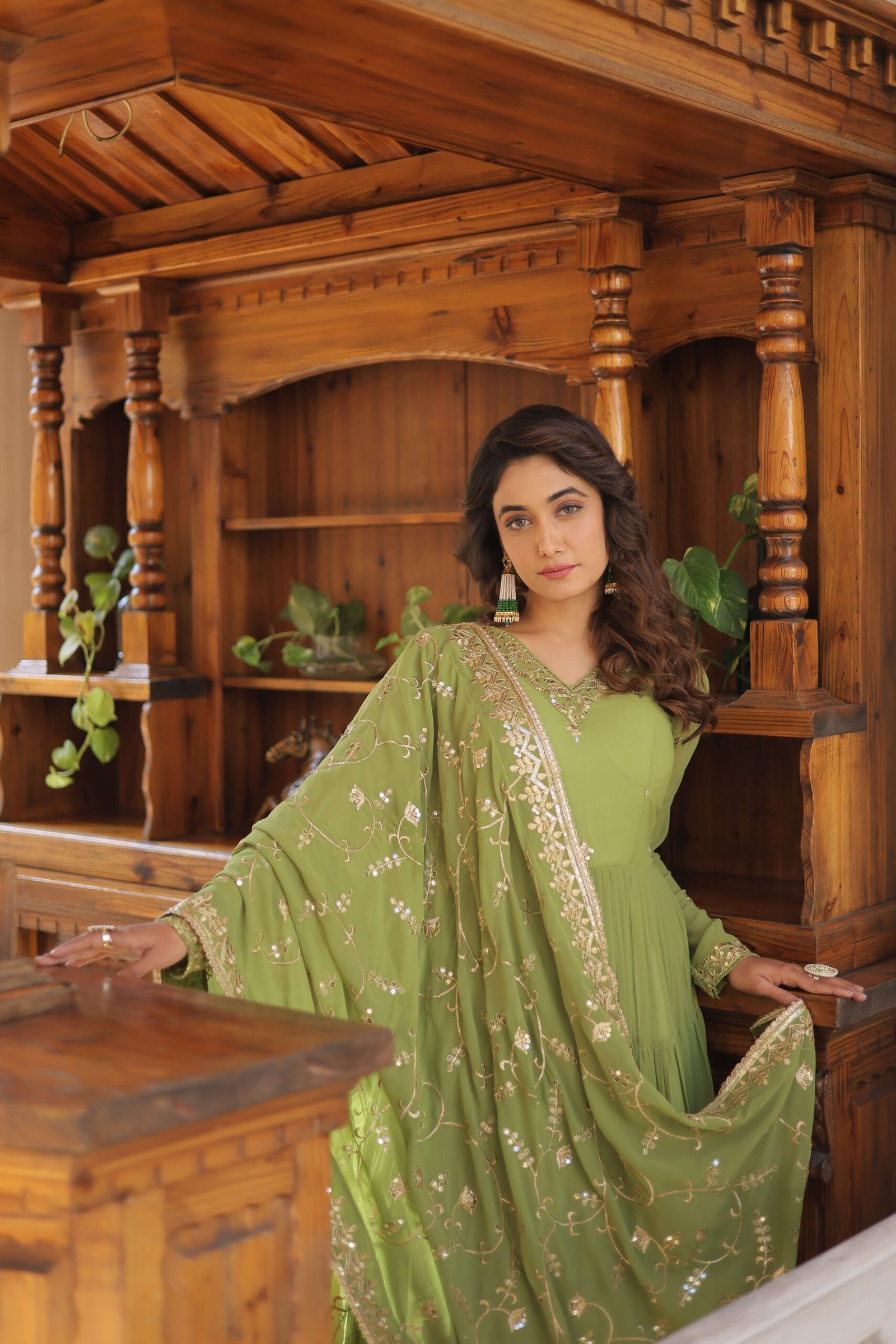 Green Faux Georgette Designer Gown with Sequined Dupatta ? Fully Flared Elegant Ready-to-Wear Set - Image 8
