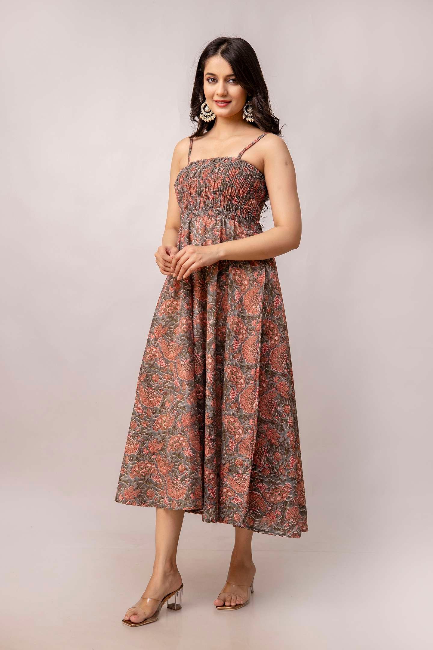 Women's Silk Printed Shoulder Straps Sleeveless Anarkali Gown Drees (Light Maroon-SUI) - Image 5