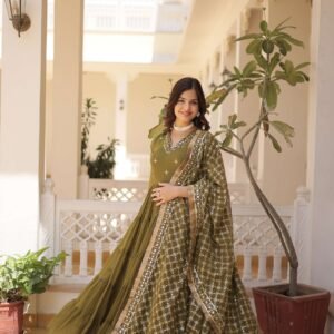 Mehandi Designer Faux Georgette Gown with Sequined Dupatta ? Elegant Festive & Party Wear Set