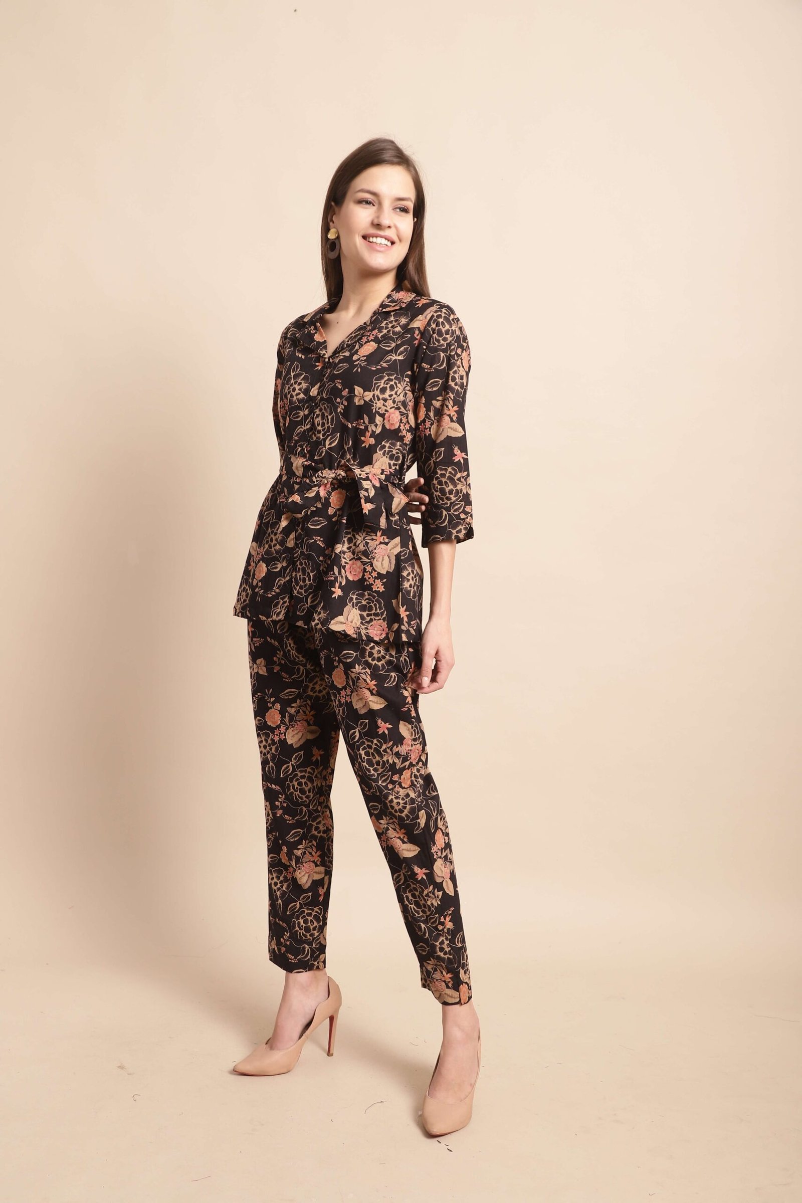 Women's Pure Cotton Printed Collared Top and Pant Co-ord Set (Black) - Image 3
