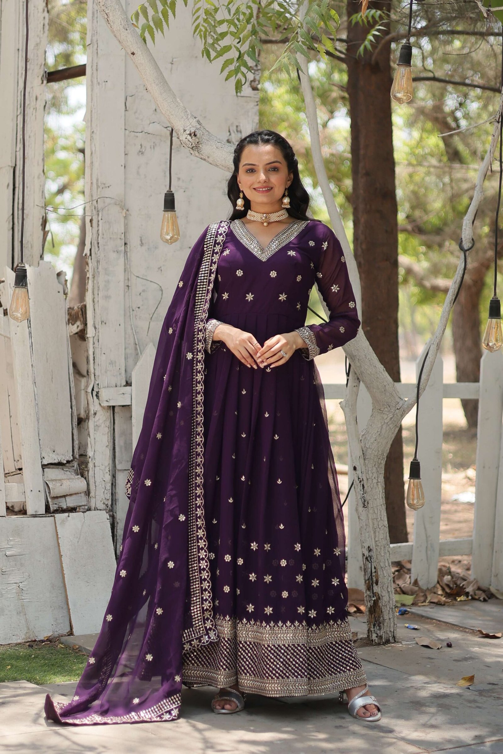 Purple Designer Faux Blooming Anarkali Gown with Sequins Embroidered Dupatta ? Wedding & Festive Wear - Image 4