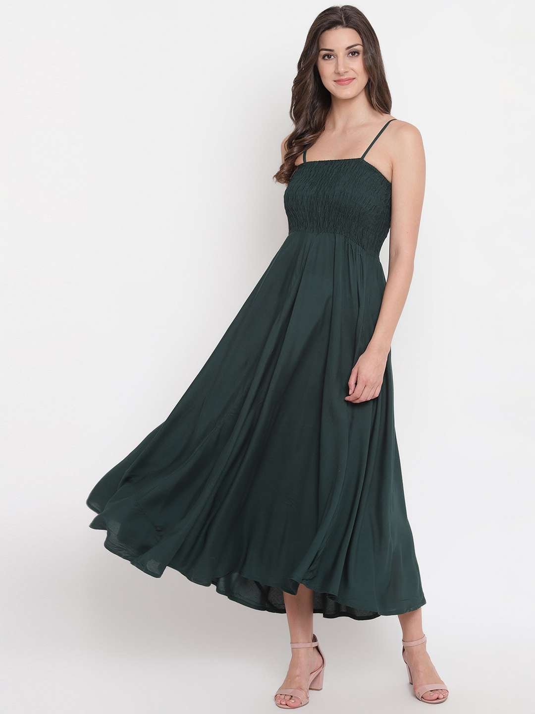 Women's Viscose Rayon Solid Shoulder Straps Sleeveless Flared Gown Drees (Green1)