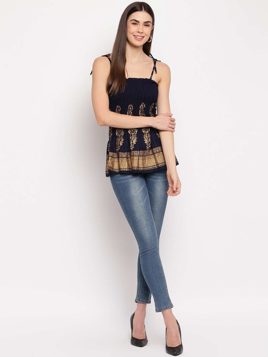 Women's Rayon Buta Printed Casual Summer Style Tie Shoulder Straps Free Size Tank Top ( Navy Blue Gold Pattern) - Image 3