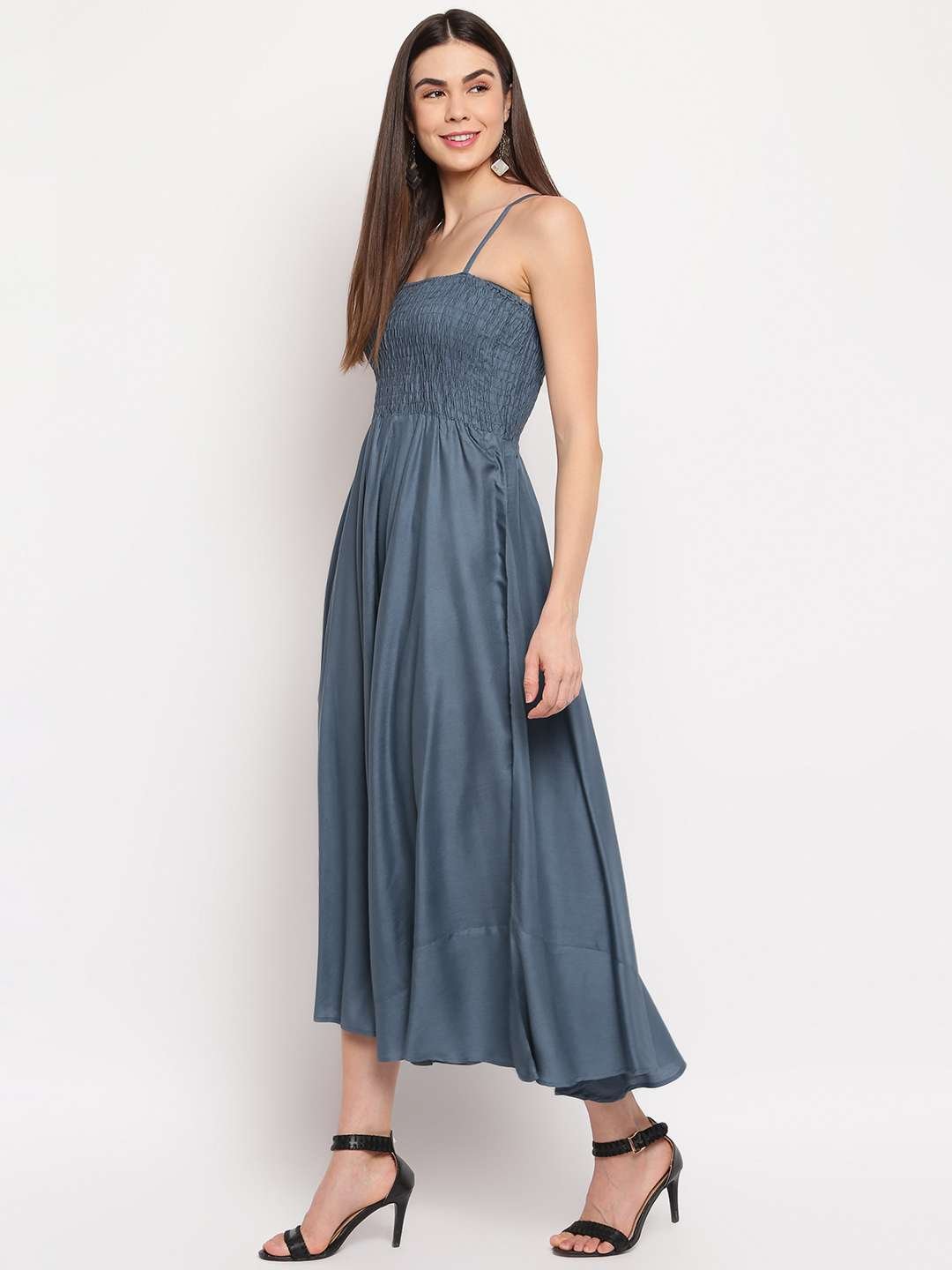 Women's Viscose Rayon Solid Shoulder Straps Sleeveless Flared Gown Drees (Grey) - Image 5