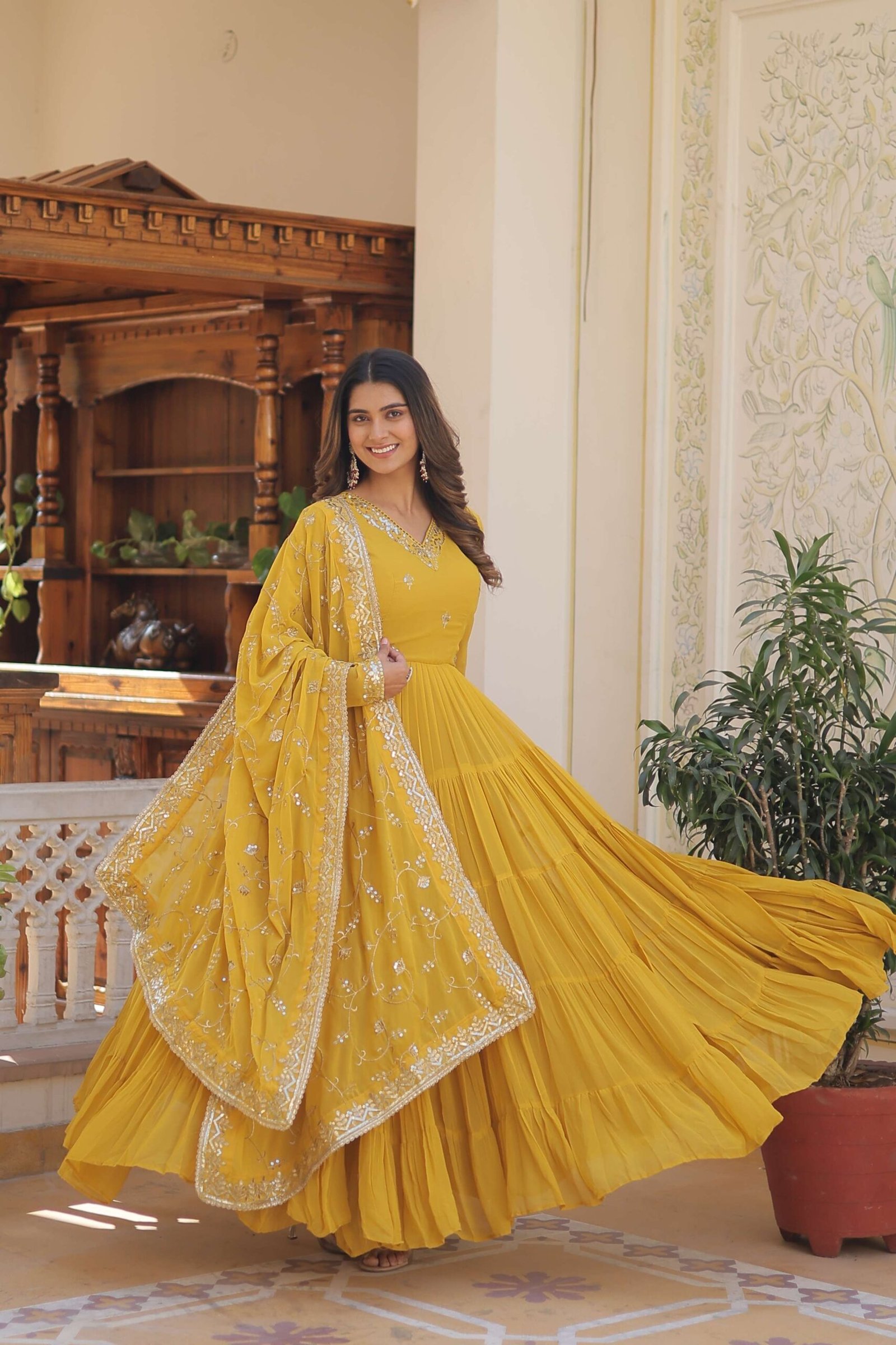 Yellow Faux Georgette Designer Gown with Sequined Dupatta ? Fully Flared Elegant Party & Wedding Set - Image 6