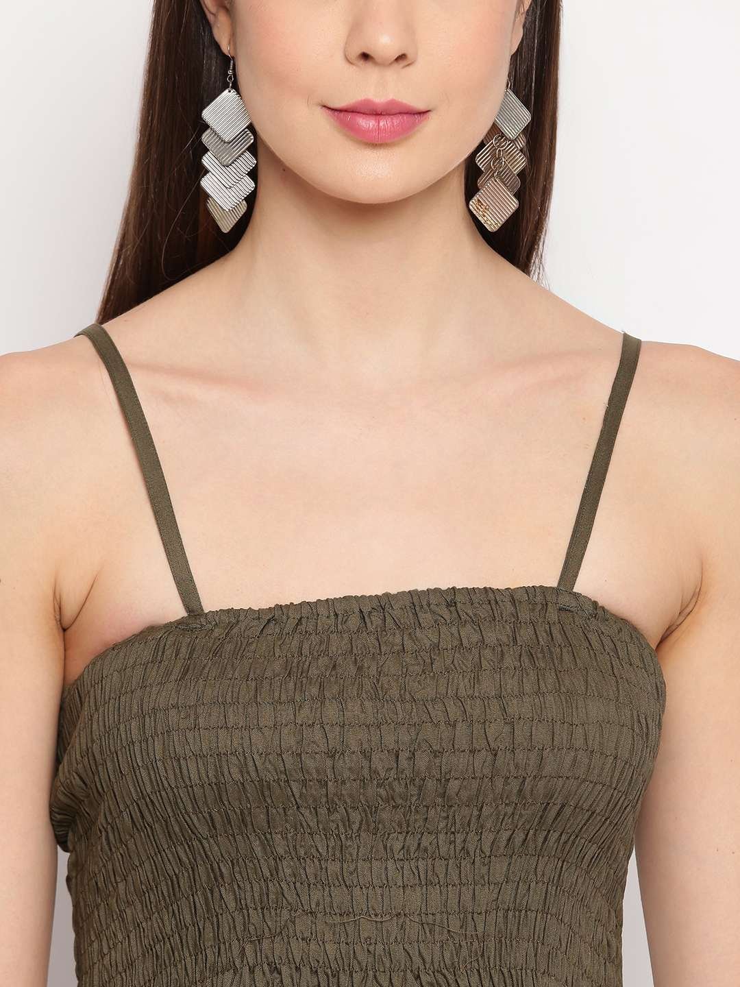 Women's Viscose Rayon Solid Shoulder Straps Sleeveless Flared Gown Drees (Olive Green) - Image 4