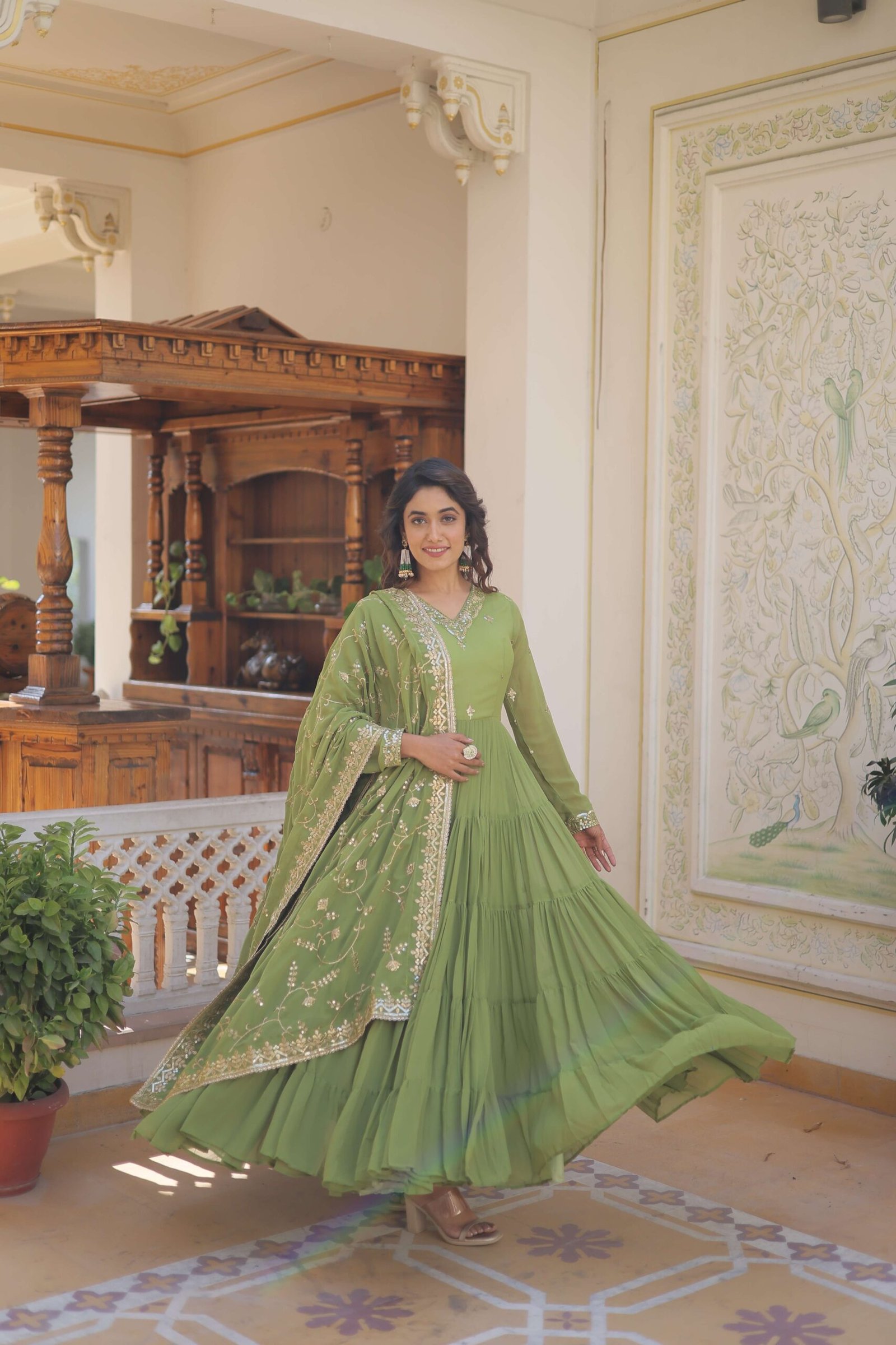 Green Faux Georgette Designer Gown with Sequined Dupatta ? Fully Flared Elegant Ready-to-Wear Set - Image 7