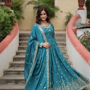 Blue Premium Chinon Sequins Embroidered Kurti with Sharara & Dupatta Set