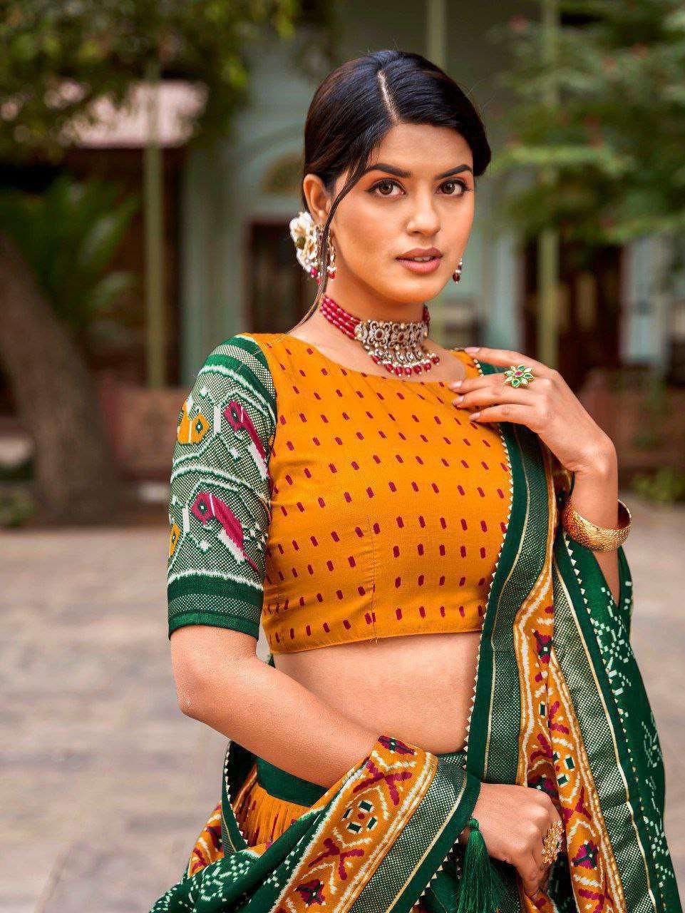 Green Tussar Silk Lehenga Choli with Yellow Blouse | Patola Print & Foil Work | Wedding & Festive Wear - Image 2