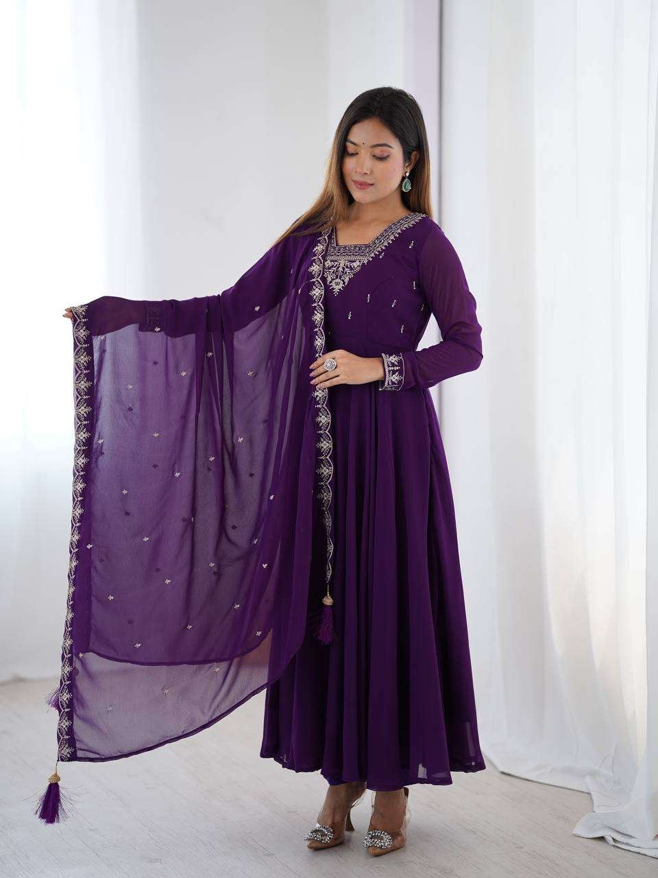 Womens Fox Georgette Anarkali Kurti with Pant & Dupatta Set - Image 6