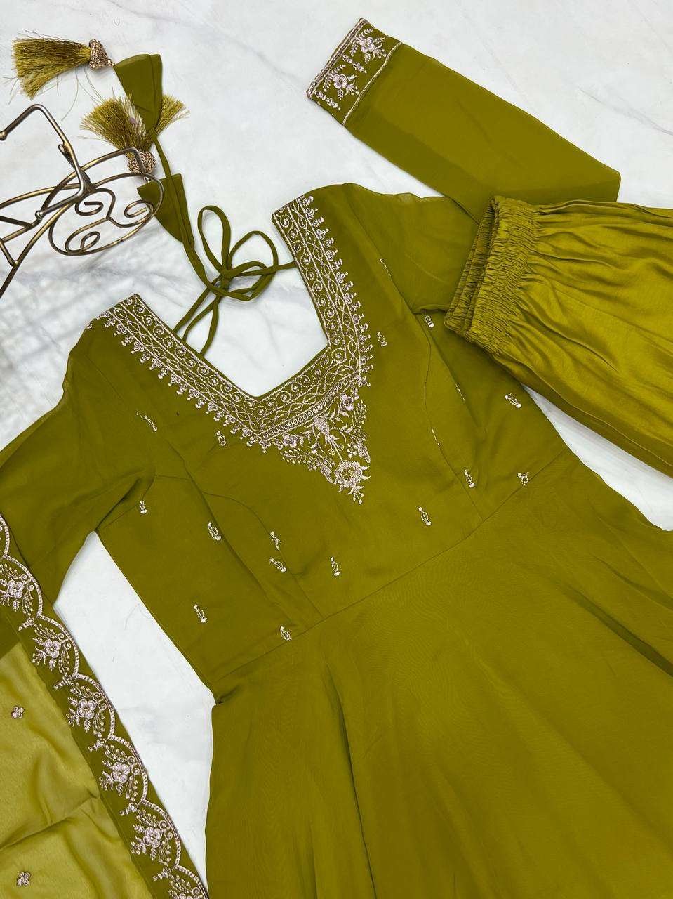 Womens Crunchy Silk Anarkali Kurti with Pant & Dupatta Set - Image 2