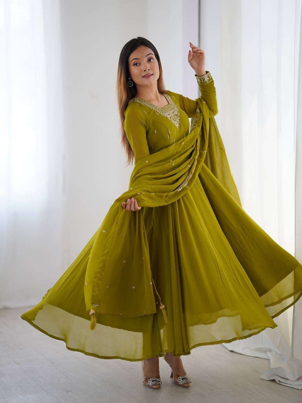 Womens Crunchy Silk Anarkali Kurti with Pant & Dupatta Set - Image 3