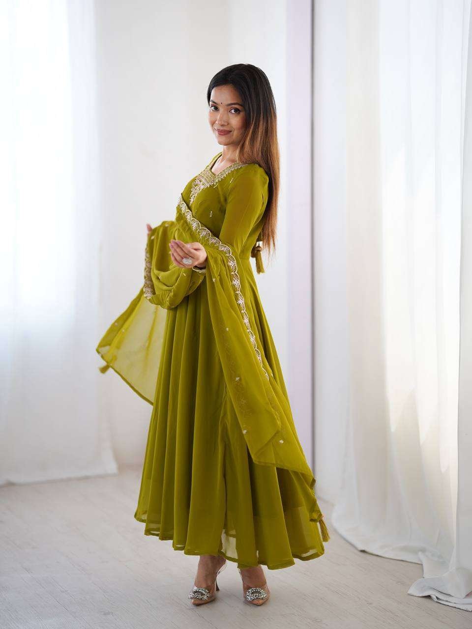 Womens Crunchy Silk Anarkali Kurti with Pant & Dupatta Set - Image 7